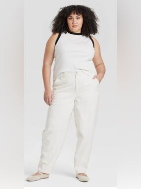 Ava & Viv Plus-Size Cream- Relaxed High Rise Trousers